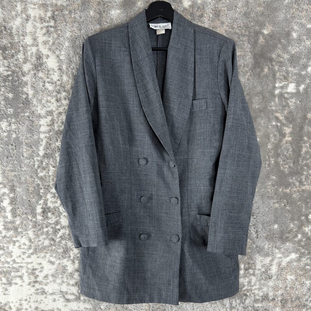 Tower Hill Size 14 Career V Neck Blazer Jacket Gray Long Sleeve Button